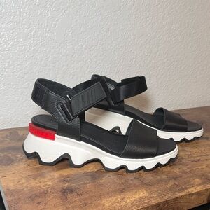 Sorel Black and White Sandals with Red Detail